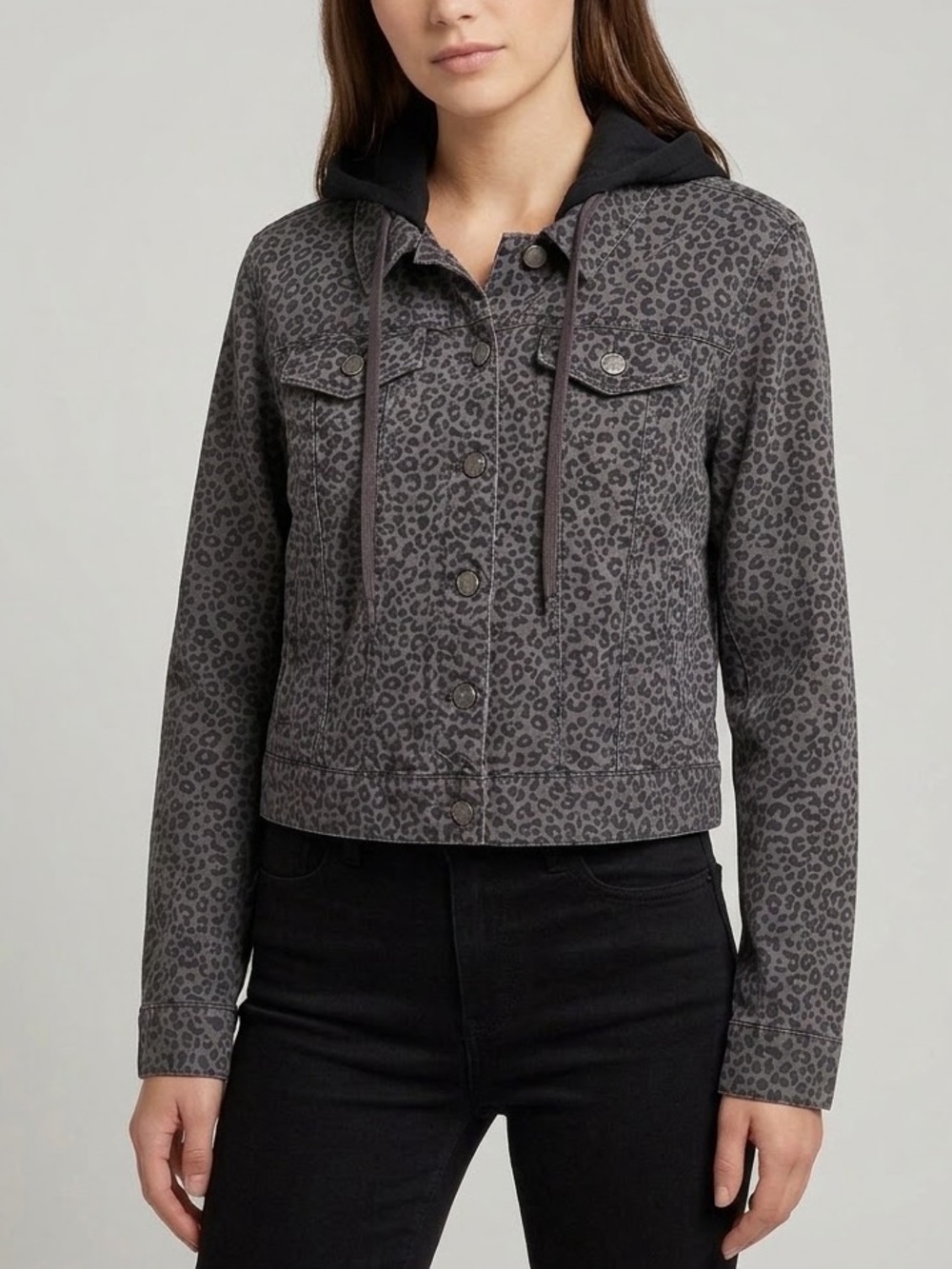 Market & Spruce Leopard Print Hooded Jacket Gray Large